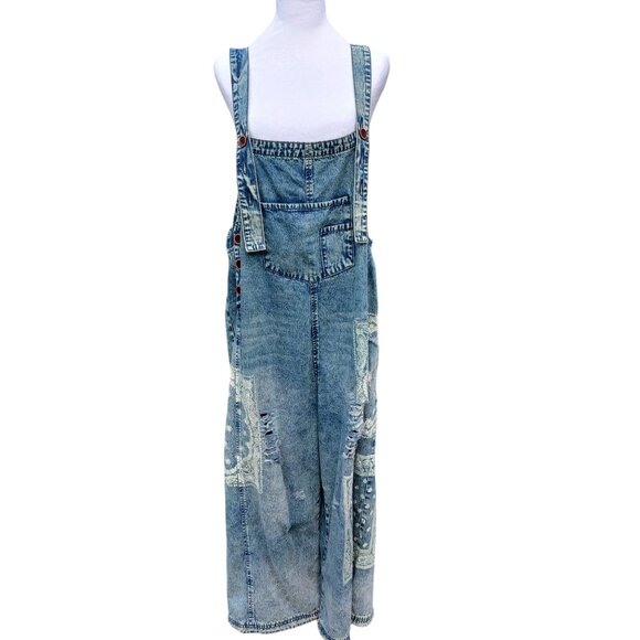 Easel Denim - Easel, Oversized Overalls, Print Blue Denim, Distressed, Medium, Grunge, Cottage